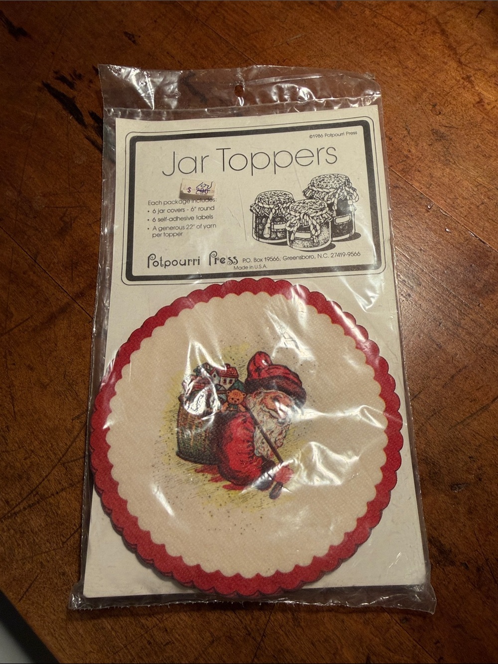 Vintage 6 Jar Toppers 1986 Potpourri Press 6 Labels Santa Claus & Yarn Gifts